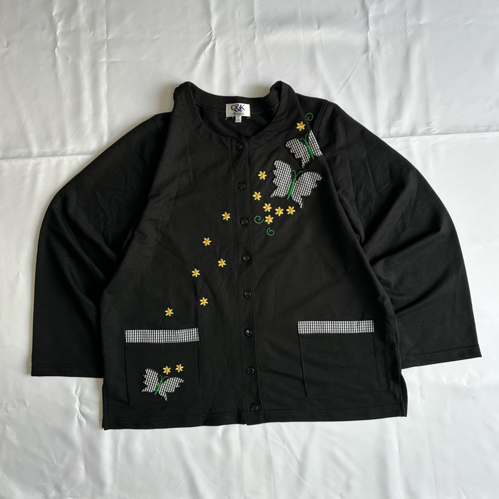 C&K Designs Black Cardigan Butterfly Embroidered Button Front Size 1X